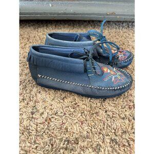 Endicott Johnson Womens Blue Leather Moccasins  embroidered 7.5 lace‎ up